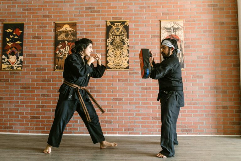 Two martial artists engage in training within a dojo setting, focusing on technique.